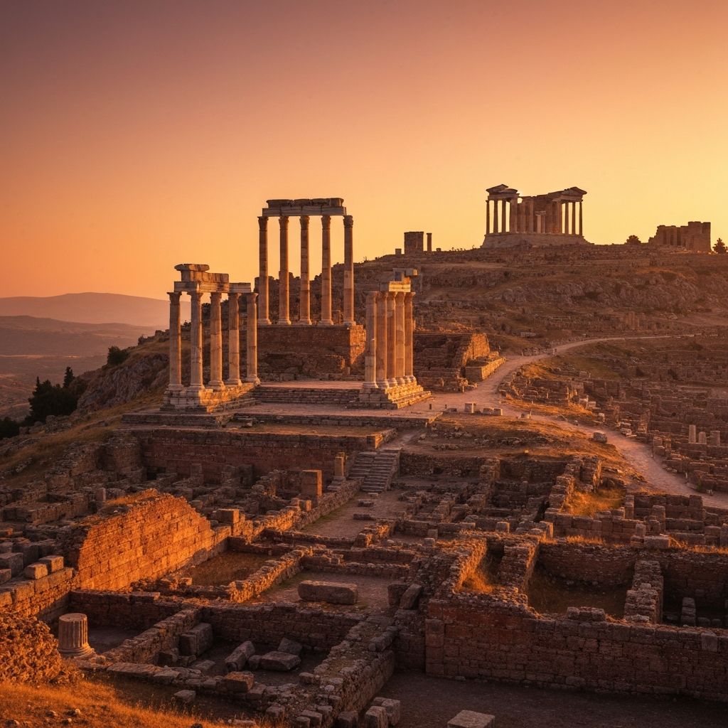Panoramic view of Pergamon Ancient City ruins at sunset